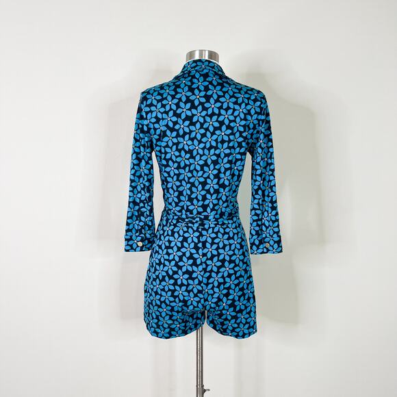 DVF | Celeste Floral Wrap Blue Black Cotton Silk Designer Romper No Size Tag EUC - Picture 6 of 10
